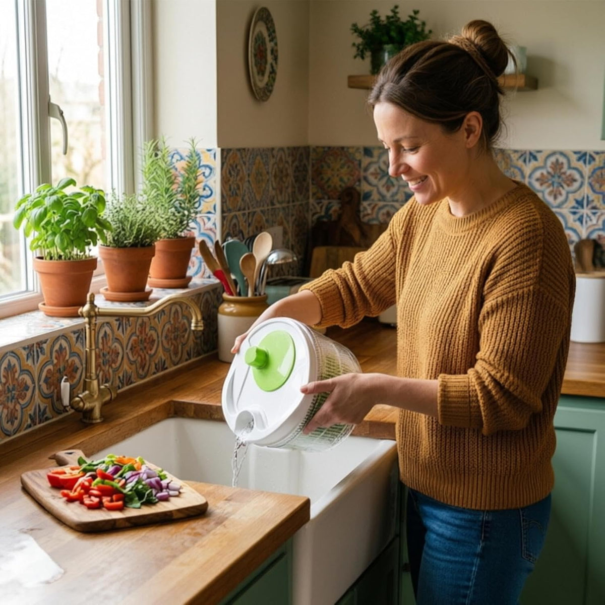 Salad Spinner, Manual Crank Fruit Washer Bowl With Drain Spout Serving Bowl