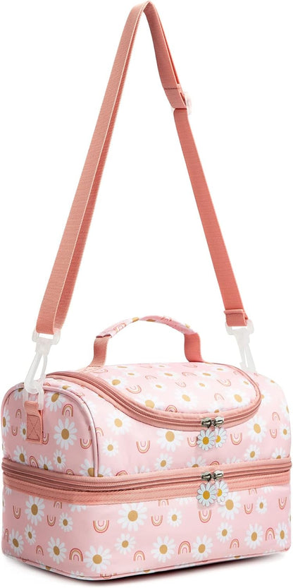 Insulated Kids Dual Compartment Lunch Bags Tote Pack for Girls Boys Toddler Kindergarten School Picnic Cooler Thermal Lunch Boxes with Strap (Green Rainbow)