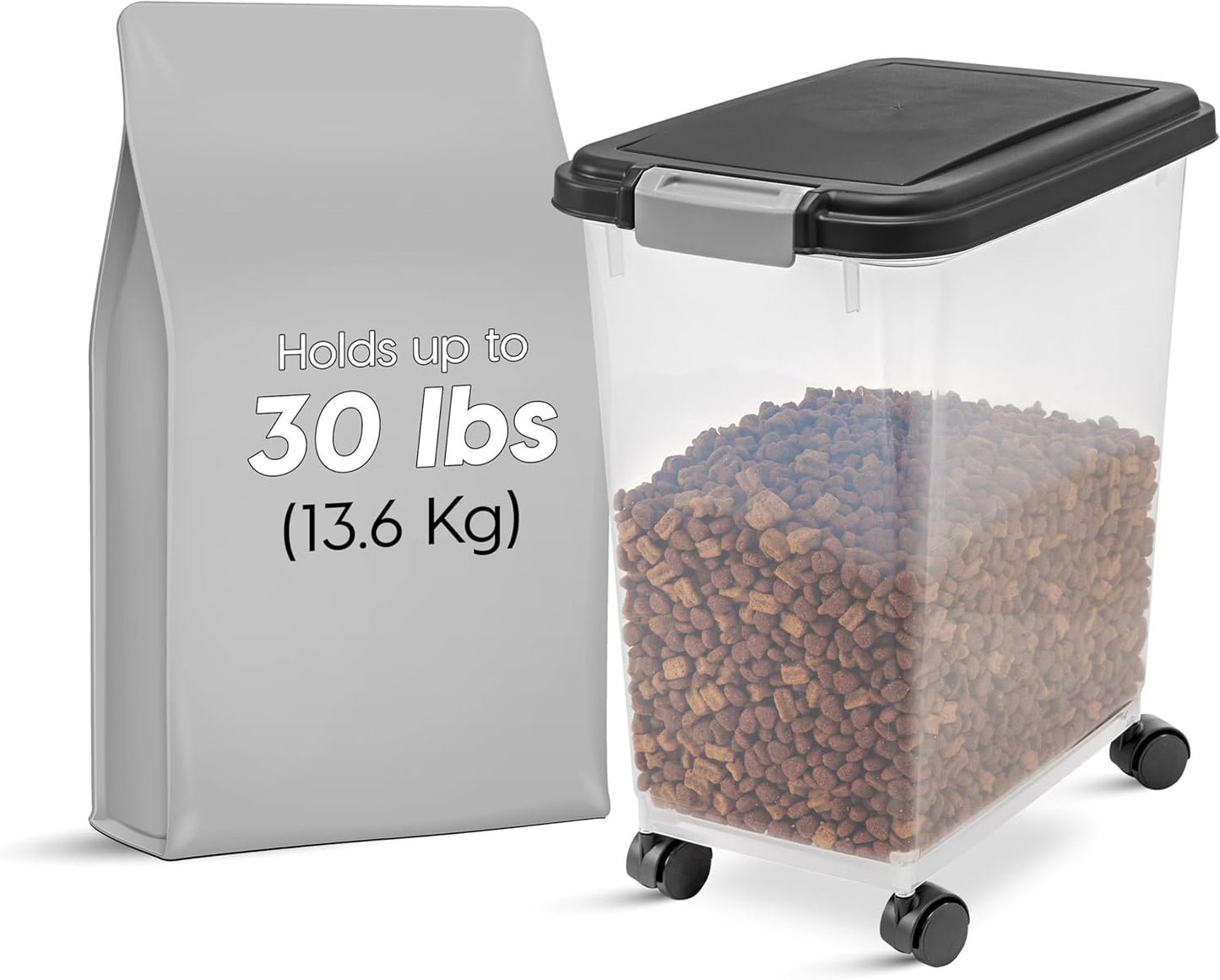 IRIS USA Dog Food Storage Container, 2 Pack, Up to 30 lbs Each, Airtight Seal for Freshness, Wheels for Rolling, Easy One Hand Opening, Made in USA, BPA Free, Clear/Black
