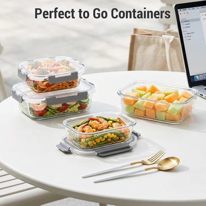 Dealusy 10 Sets (20-Piece) 36 oz & 12 oz Glass Food Storage Containers with lids, Airtight Leak-proof Glass Meal Prep Containers with Lids, Microwave Oven Freezer Dishwasher Safe, Gray