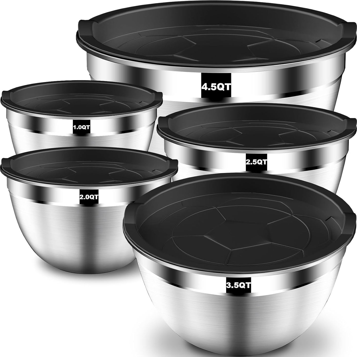 DUTZUN Mixing Bowls with Lids Set - 16pcs Stainless Steel Mixing Bowl Set with Colander, 3 Grater Attachments, Non-Slip Bottom, Metal Nesting Bowls with Strainer for Mixing & Serving - Black