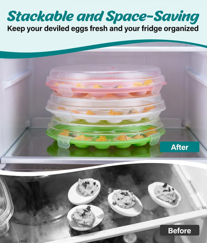 Deviled Egg Container with Lid, 3 Pack Stackable Deviled Egg Platter with Handle, 66-Slot Egg Carrier Tray for Fridge Storage, Easter, Christmas, Parties, Picnic, Dishwasher/Freezer Safe