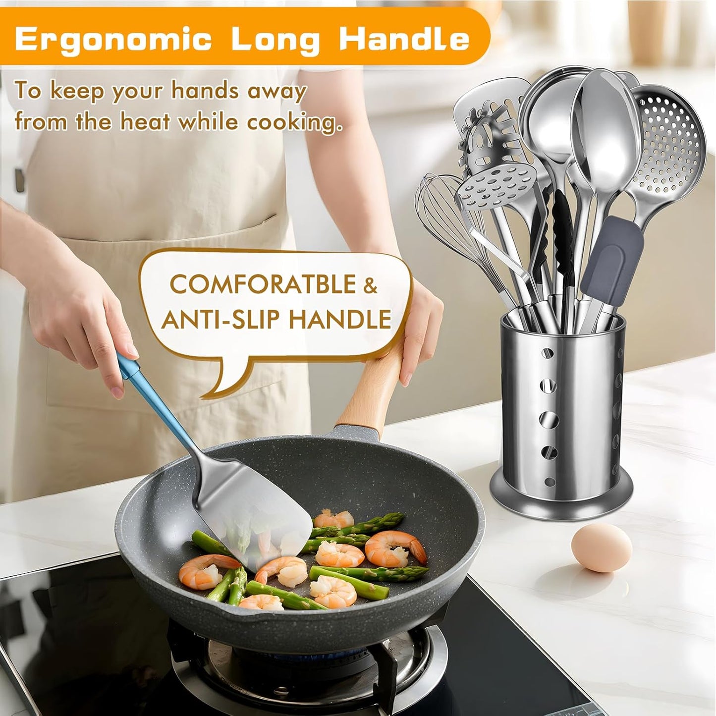 9 Pcs Cooking Utensils Set, Stainless Steel Kitchen Utensils, Heat Resistant Metal Kitchen Tools Include Solid & Slotted Spatula, Serving Spoon, Ladle, Pasta Server,Potato Maseher, Egg Whisk, Silver