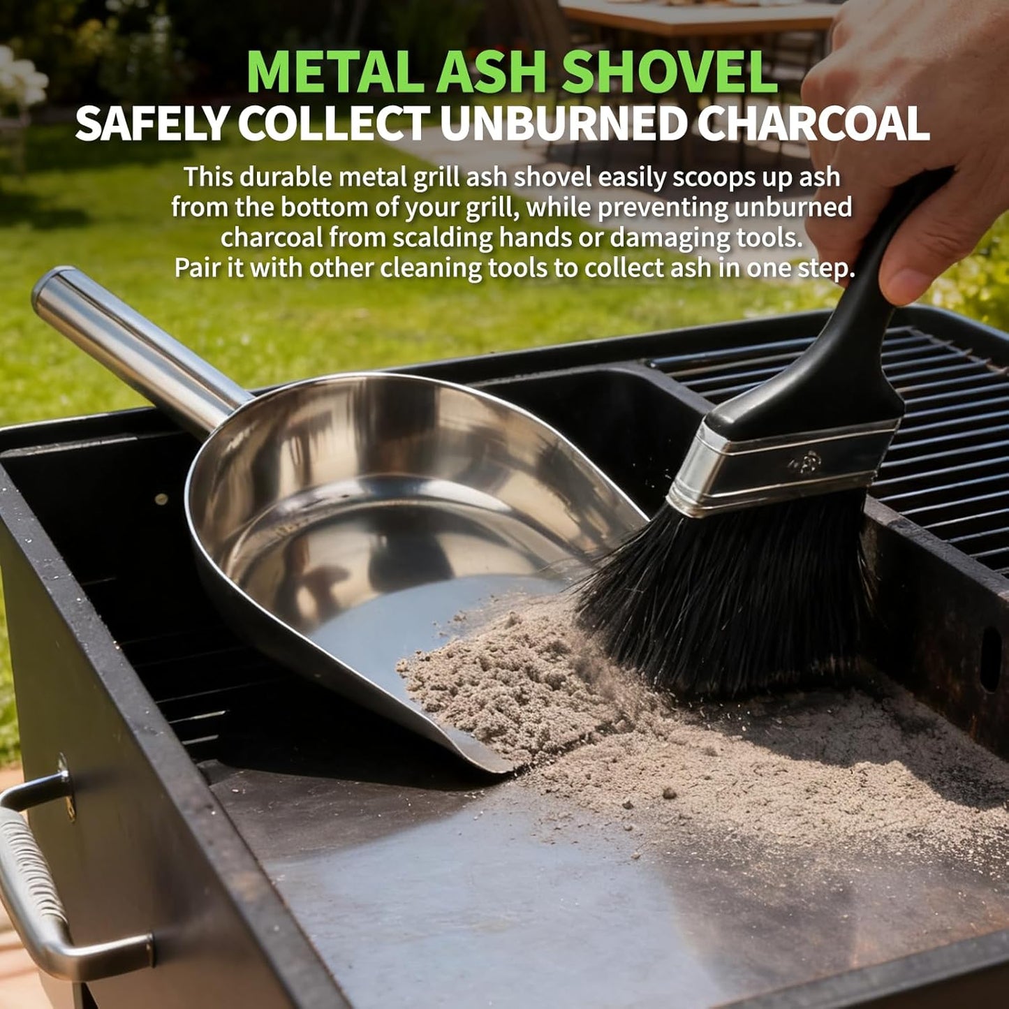 Grill Ash Cleaning Pellet 4-Piece Kit（Metal Material Durability） Includes Wire Brush，Ash Shovel，Bristle Brush，Angled Shovel，Effortlessly Removes Stubborn Grime & Collects Ash Debris