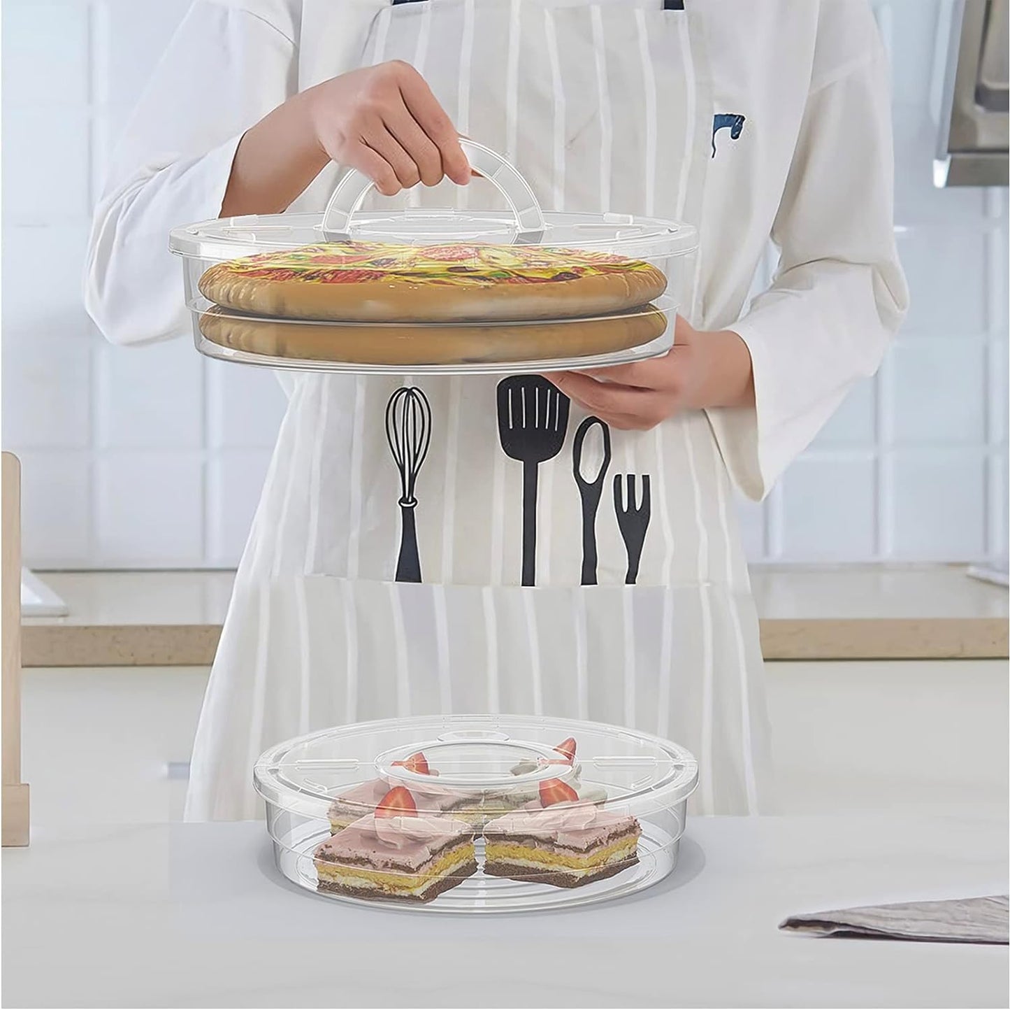 12inch 2 Pack Food Storage Container with Lid and Handle, Reusable 2 Compartments Pizza Slice Storage Container, Round Pie Carrier Leftover Pizza Keeper for Food Cake Cheesecake Tortilla Pastry