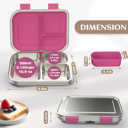 BABHAMNESS Stainless Steel Bento Box Kids, 3 Compartments Leak Proof Metal Bento Lunch Box, 304 Stainless Steel Bento Lunch Containers for School and Office,Dishwasher Safe, BPA-Free-Pink