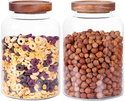 Large Glass Jar with Airtight Lid Set of 2 93 FL OZ(2750ml) glass canister set, Glass Food Containers Wooden Lid Suit for Kitchen Pantry for Flour, Tea, Coffee Beans, Sugar, Cookies(8.8 inch high)