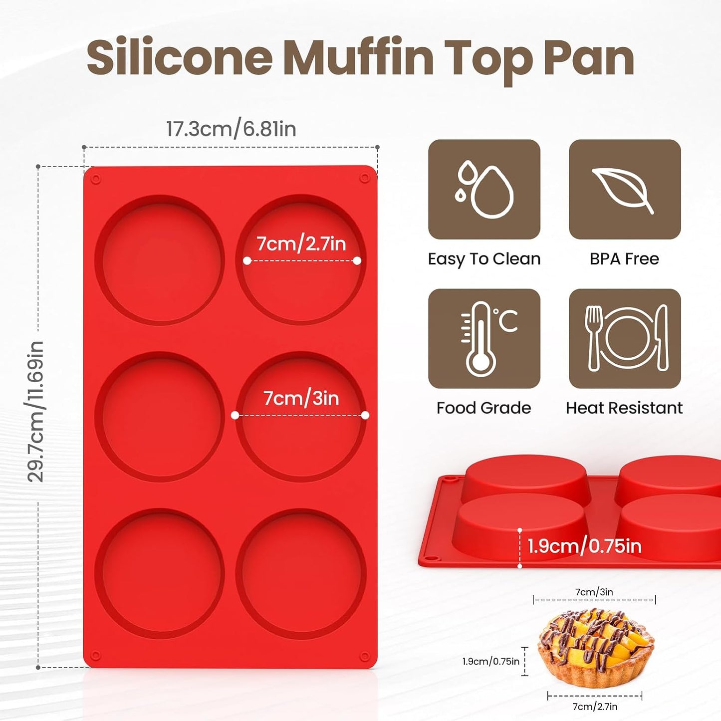 Redfly Silicone Egg Molds for Breakfast Sandwiches 2 Pcs, Non Stick 3 Inch Egg Bites Baking Pans, Silicone Muffin Pans for Baking, Round Muffin Top Pan for Whoopie Pie Pan, Tarts, Quiche