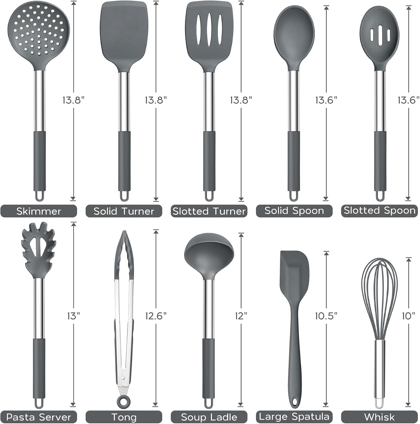 Onader Kitchen Utensils Set, 15 Pcs Silicone Cooking Utensils Set with Holder and Heat Resistant Stainless Steel Handle for Nonstick Cookware - Black