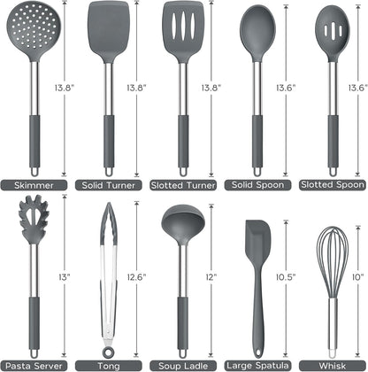 Onader Kitchen Utensils Set, 15 Pcs Silicone Cooking Utensils Set with Holder and Heat Resistant Stainless Steel Handle for Nonstick Cookware - Black