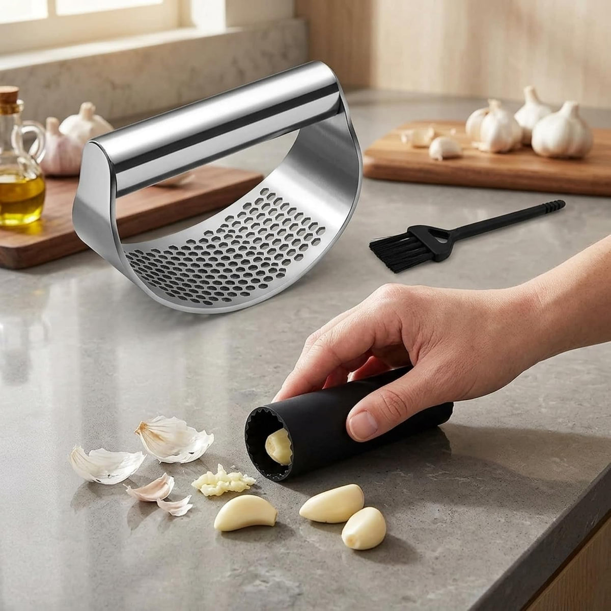 Angel's Peel Lounge Stainless Steel Garlic Press Rocker Set with Silicone Garlic Peeler & Cleaning Brush – Garlic Chopper, Mincer, Grater, Crusher – Easy for Crushed Cloves – Rust-Resistant, Black