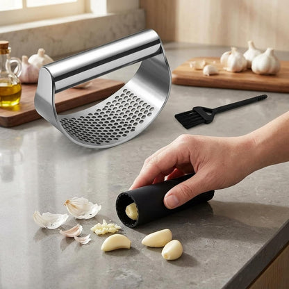 Angel's Peel Lounge Stainless Steel Garlic Press Rocker Set with Silicone Garlic Peeler & Cleaning Brush – Garlic Chopper, Mincer, Grater, Crusher – Easy for Crushed Cloves – Rust-Resistant, Black