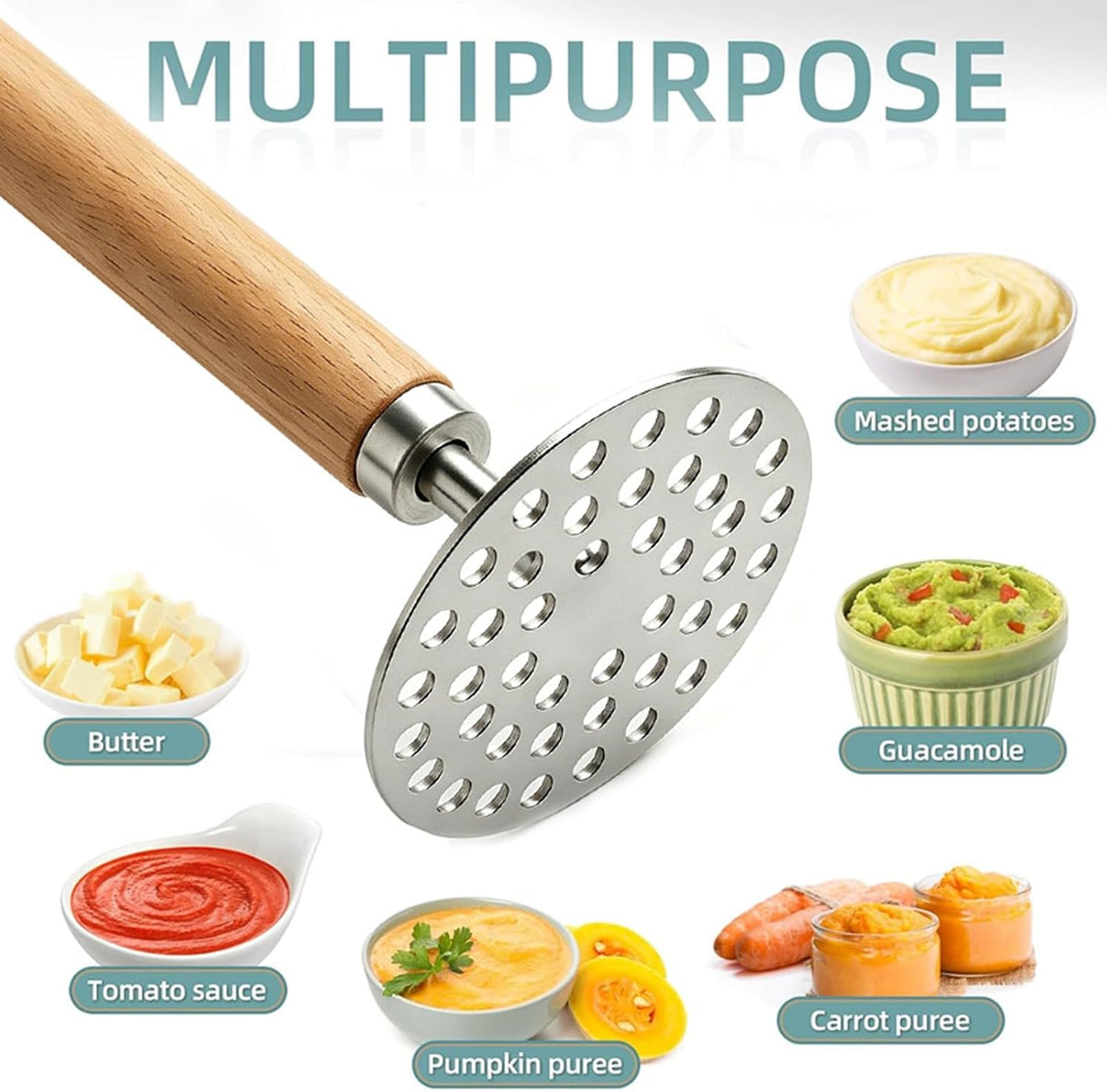 Potato Masher, 9in Wood Handle Stainless Steel Grid Masher Tool