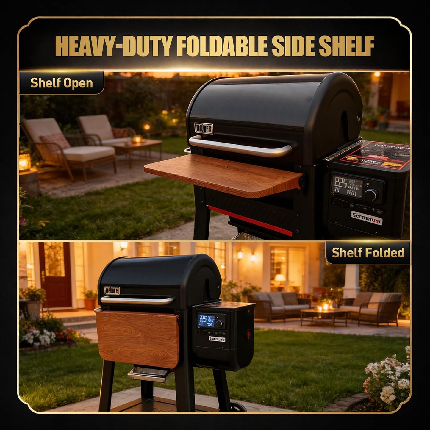 QuliMetal Folding Front Shelf for Traeger Pro 34, Texas Elite 34, Century 885 and Eastwood 34, 37" x 12" Heavy-Duty Grill Prep Table with Cutting Board, Stainless Steel Basin, Lid and 5 Hooks