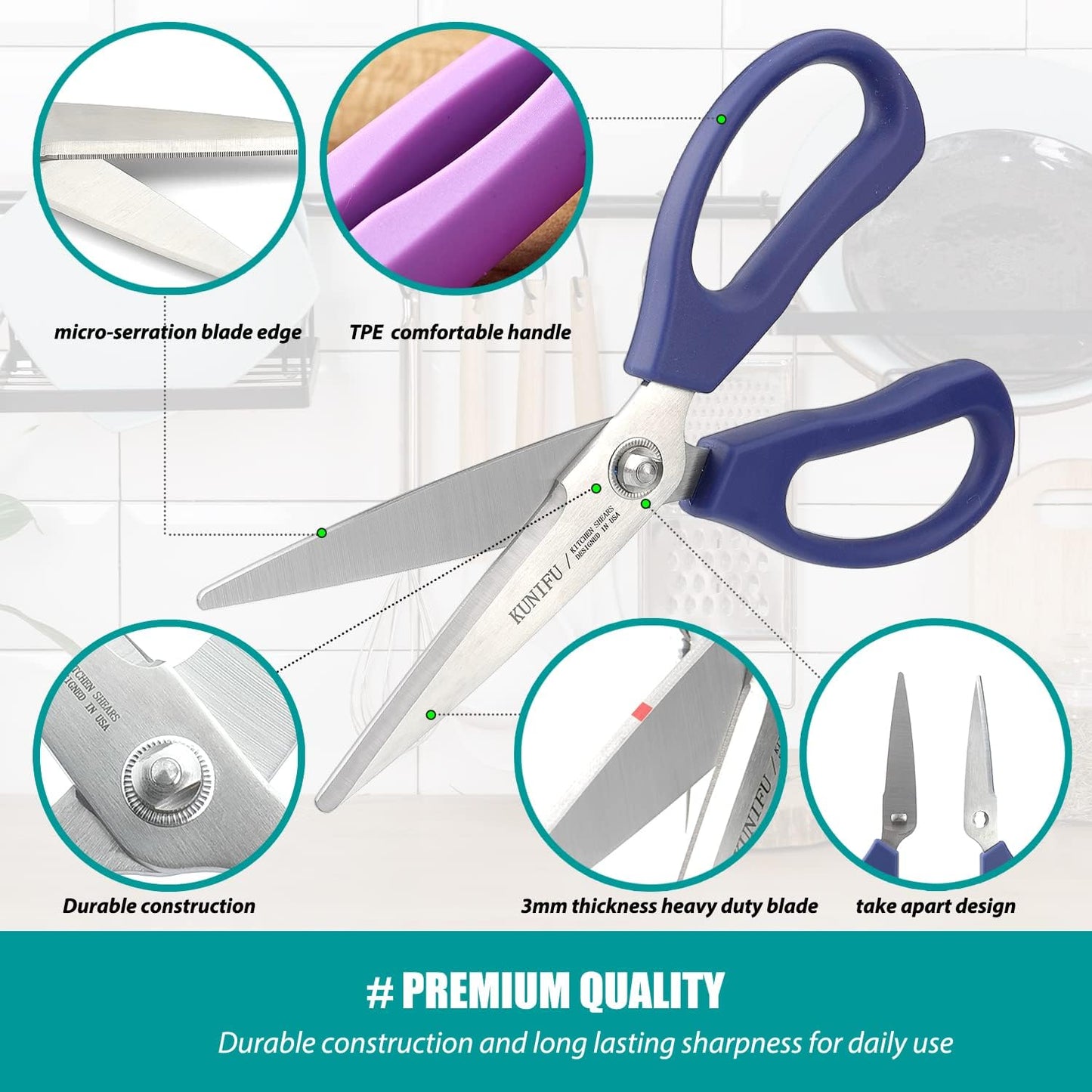 KUNIFU Kitchen Scissors, All Purpose Kitchen Shears, Heavy Duty Come Apart Scissors Gadgets Utensils - Blue