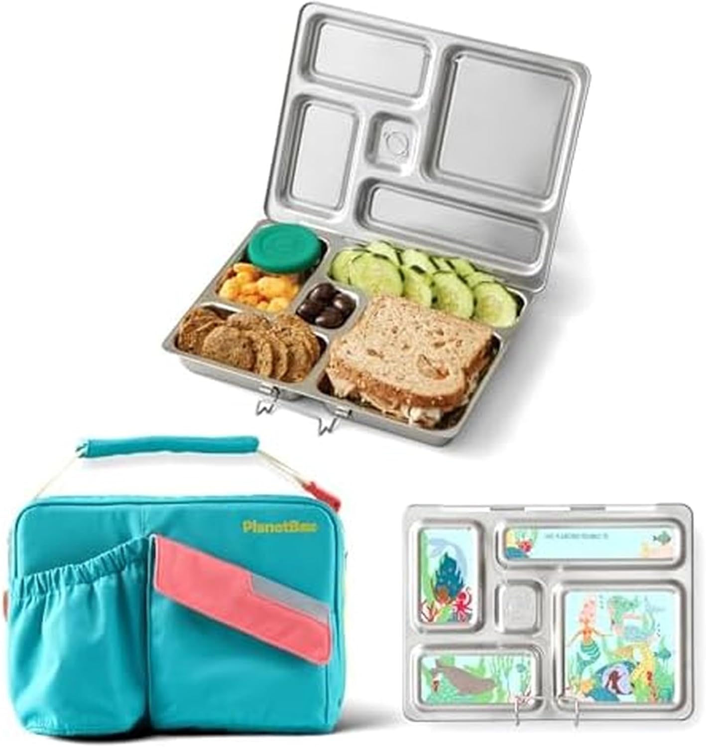 PlanetBox Rover Stainless Steel Bento Box Style Lunch Box Kit for Kids with 5 Compartments – Space Animals Edition includes Insulated Lunch Bag, Leakproof Food Containers and Matching Magnets