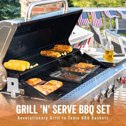 Yukon Glory™ BBQ 'N SERVE Premium Set, Includes 3 Grill Baskets, Serving Tray, Bamboo Cutting Board, Plastic Lid and Clip-on Handle
