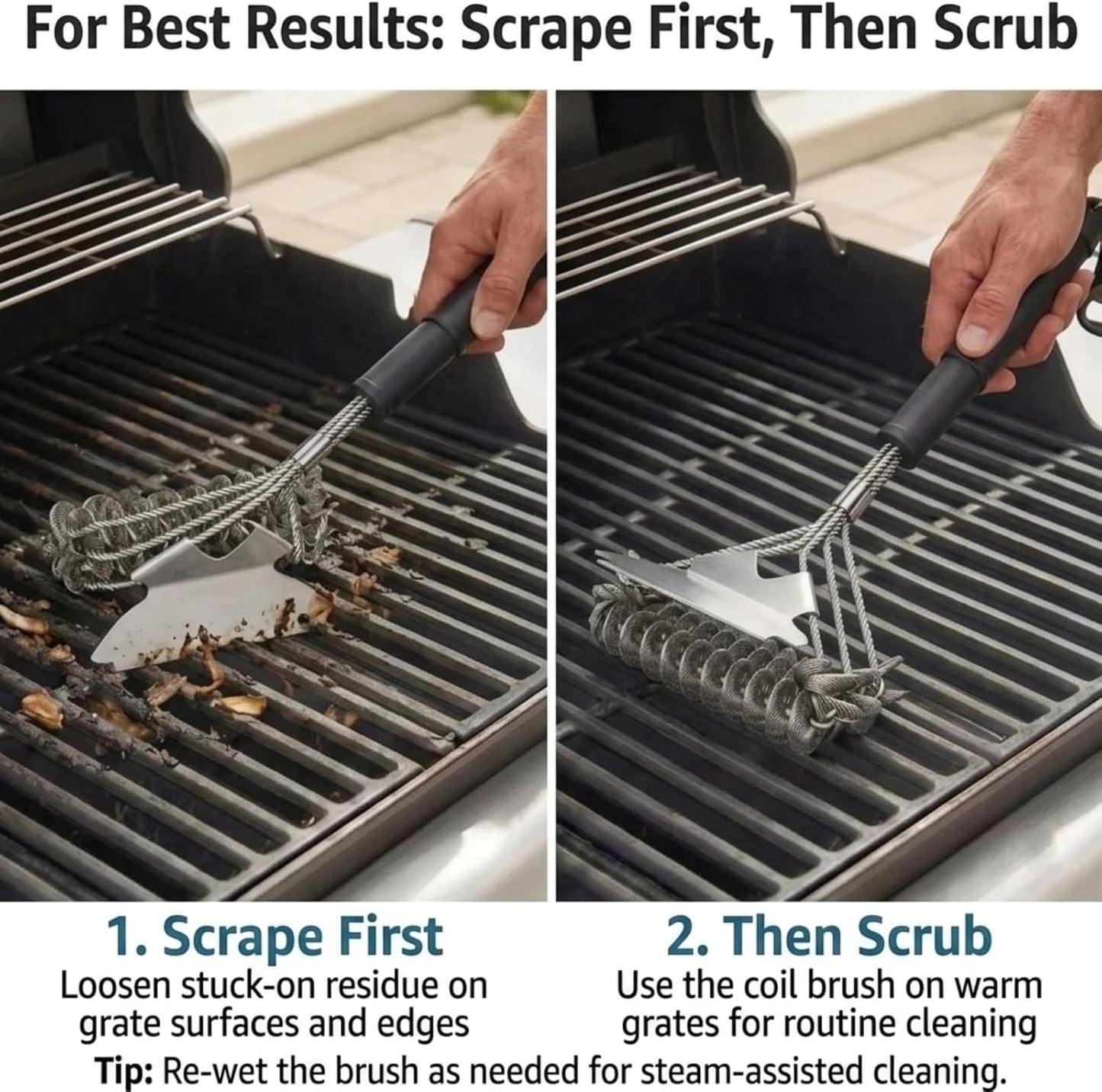 Bristle-Free Grill Brush with Scraper - Reinforced Coil Grill Cleaning Brush, Long Handle Safe BBQ Cleaner for Gas and Charcoal Grates