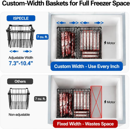 iSPECLE Chest Freezer Organizer - Adjustable Width & Extra Depth, 3 Pack | For 5-7 Cu Ft Chest Freezers, Stackable Large Freezer Organizer Bins, Easy Food Access & Organization, No Wasted Space, White