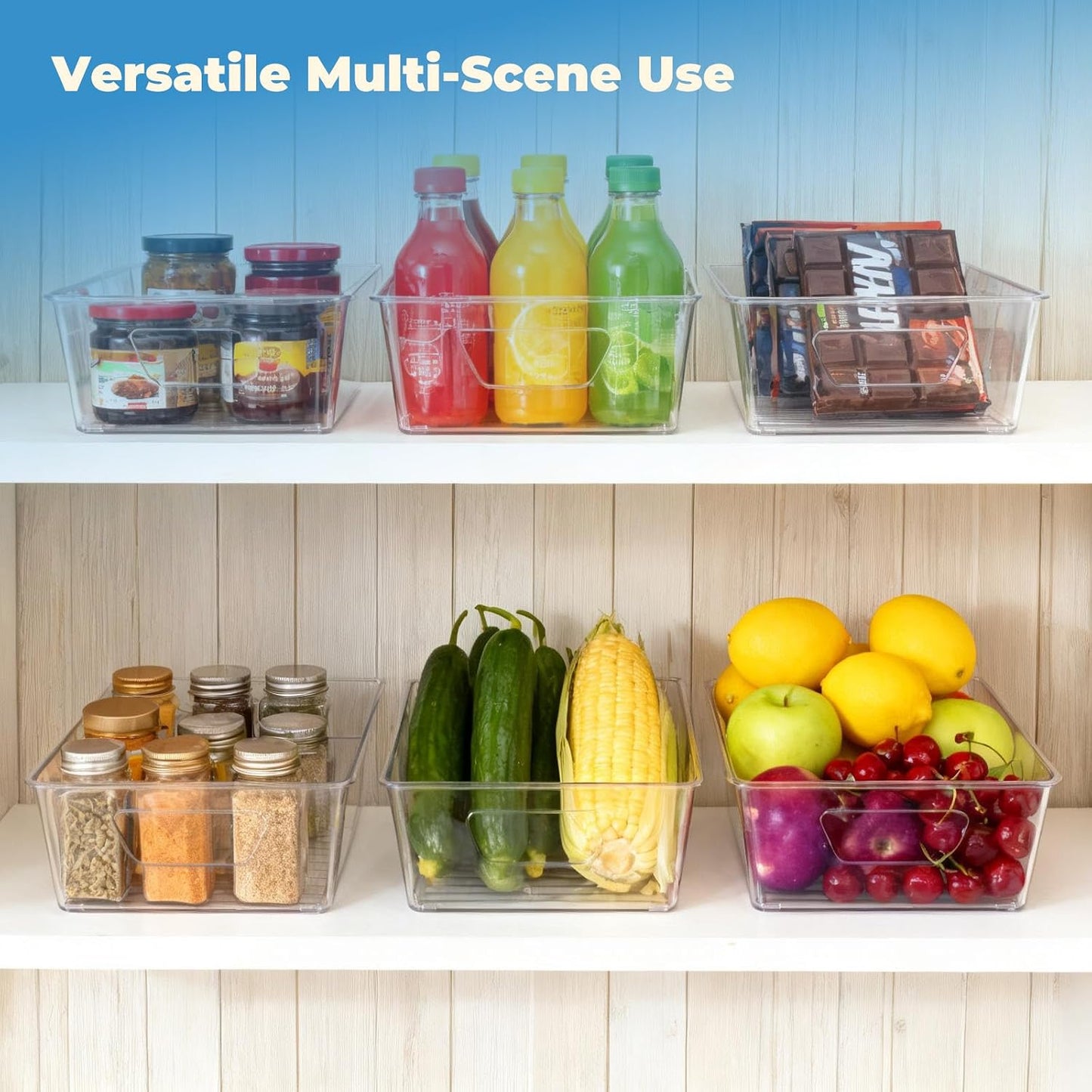 6 Pack Pantry Organizers and Storage, Clear Plastic with 3 Removable Dividers, for Tea Bag, Snack, Seasoning Organizer – BPA Free Perfect in Pantry and Fridge