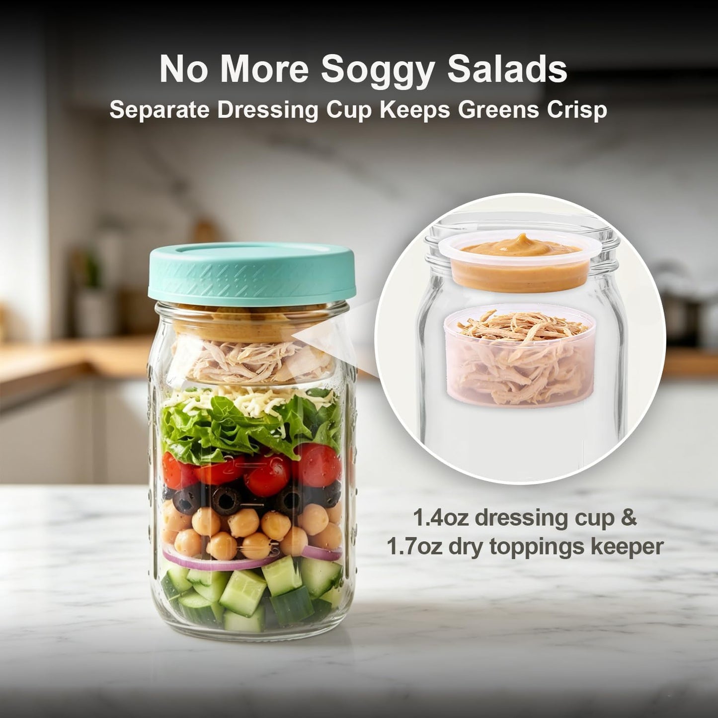 ComSaf 32oz Glass Salad Jars for Meal Prep 4-Pack, Round Mason Salad Jars with Dressing Cup & Leakproof Lid, Anti-Soggy Salad Shaker for Office & Fitness, Precision Portion Control, Wellness