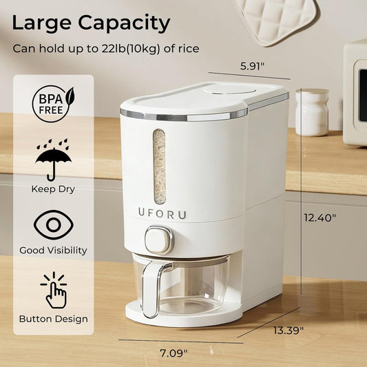 UFORU Rice Dispenser, Rice Storage Container with Measuring Cup for Kitchen Pantry Household, Dry Food Storage Containers Airtight, Sealed Moisture Proof (White 13Lbs)