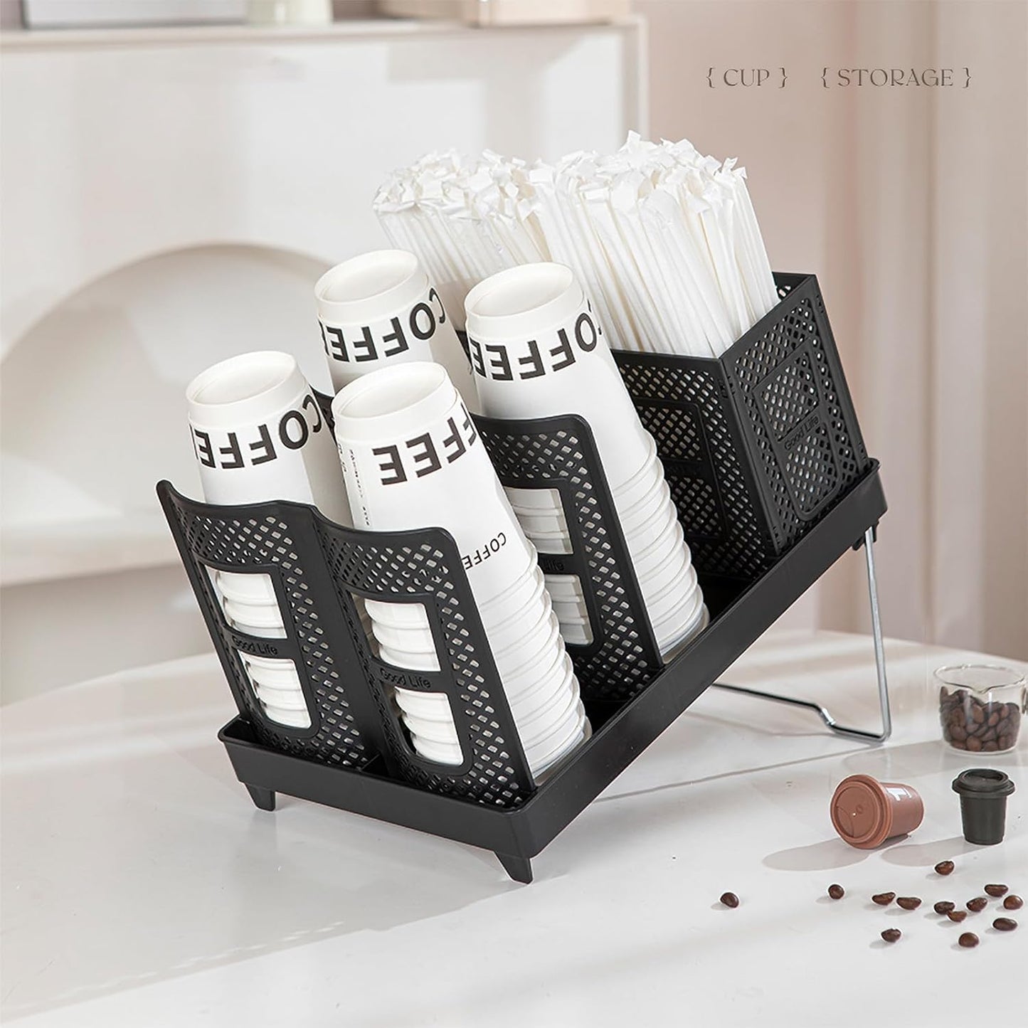 Tirifer Cup and Lid Holder, Disposable Paper Cup Dispenser with Stand, 6 Slots Coffee Cup and Lid Storage Organizer for Coffee Station Bar Office Home Countertop Breakroom Restaurant