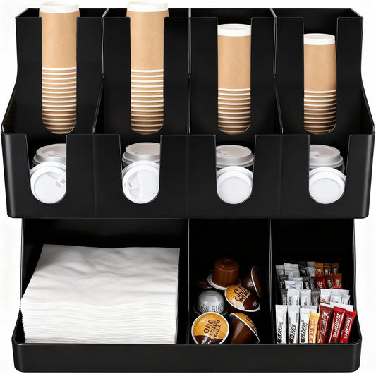 Commercial Cup and Lid Holder with Straw Organizer,Disposable Coffee Cup Condiment Dispenser for Countertop Org, Coffee Bar, Beverage Cup, Kitchen, Breakroom (11 Compartment Upright)
