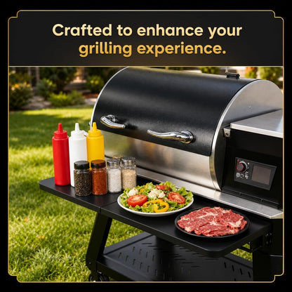 QuliMetal Folding Front Shelf for Traeger Pro 34, Texas Elite 34, Century 885 and Eastwood 34, 37" x 12" Heavy-Duty Grill Prep Table with Cutting Board, Stainless Steel Basin, Lid and 5 Hooks