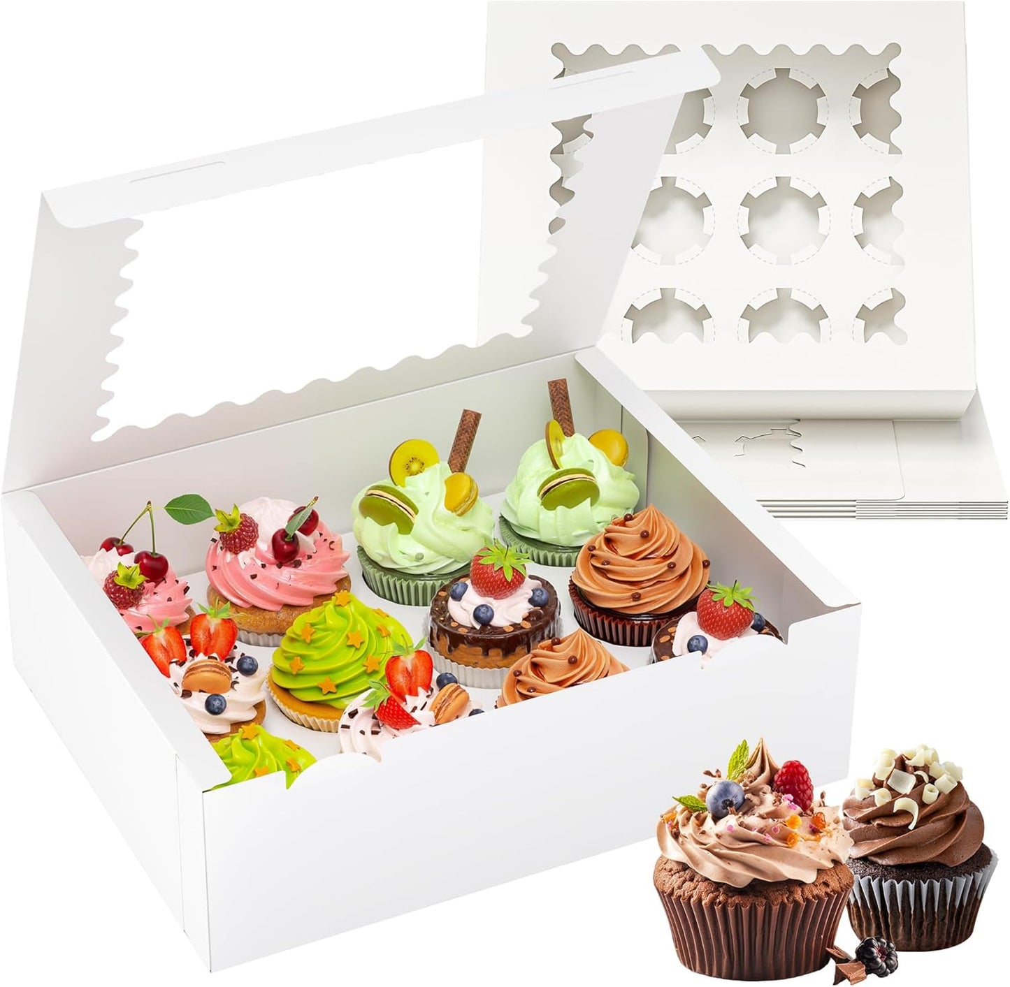 RYDDOY 4 Pack Cupcake Boxes, Hold 12 Standard Cupcakes, Cupcake Containers with Window and Inserts, High Grade Cupcake Holder, for Birthday Holiday Party, Supplies for Cupcakes, Desserts and More