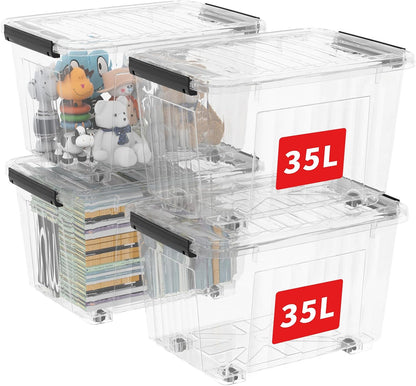 Cetomo 60Qt*6 Plastic Storage Bins, Storage Box, 6 Pack, Organizing Container with Wheels, Durable Lids and Secure Latching Buckles, Stackable and Nestable, Clear with Black Buckle