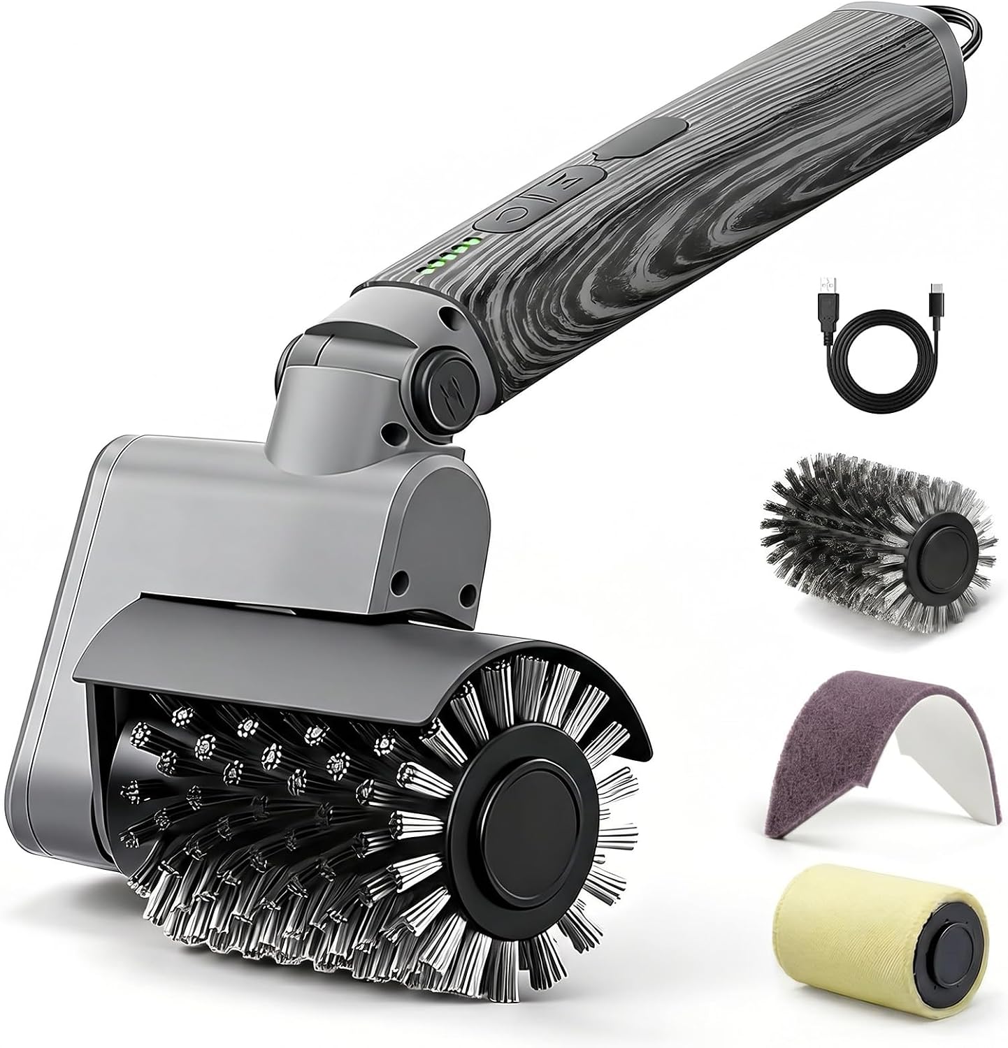 Electric Grill Brush 3-in-1 Kit – Cordless BBQ Cleaner with Reinforced Safe Metal Bristles – 2 Hours Runtime, Waterproof & Dishwasher Safe Removable Brushes for Deep Cleaning (Red Wood Coating)