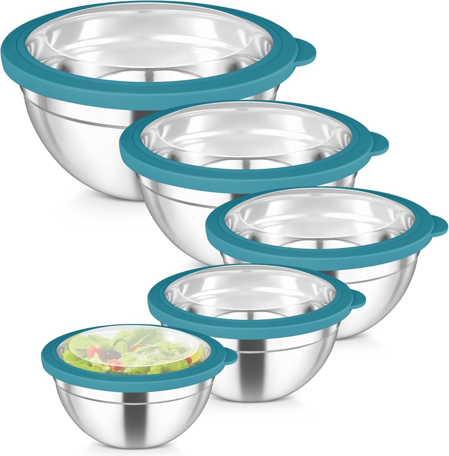 TeamFar Mixing Bowls Set, 4.5/3/1.5/1/0.7 QT Stainless Steel Nesting Salad Bowls with Airtight Lids, For Serving/Mixing/Storing, Non-Toxic & Heavy Duty, Visible & Easy Clean, Black, Set of 5