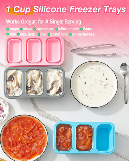 Silicone Freezer Trays With Lid, Stackable 1 Cup Silicone Freezer Molds, Easy To Use Soup Ice Cube Tray, Collapsible Freezing Molds for Meal Prep, Broth, Sauce, Leftovers, Soup Storage Gift Set