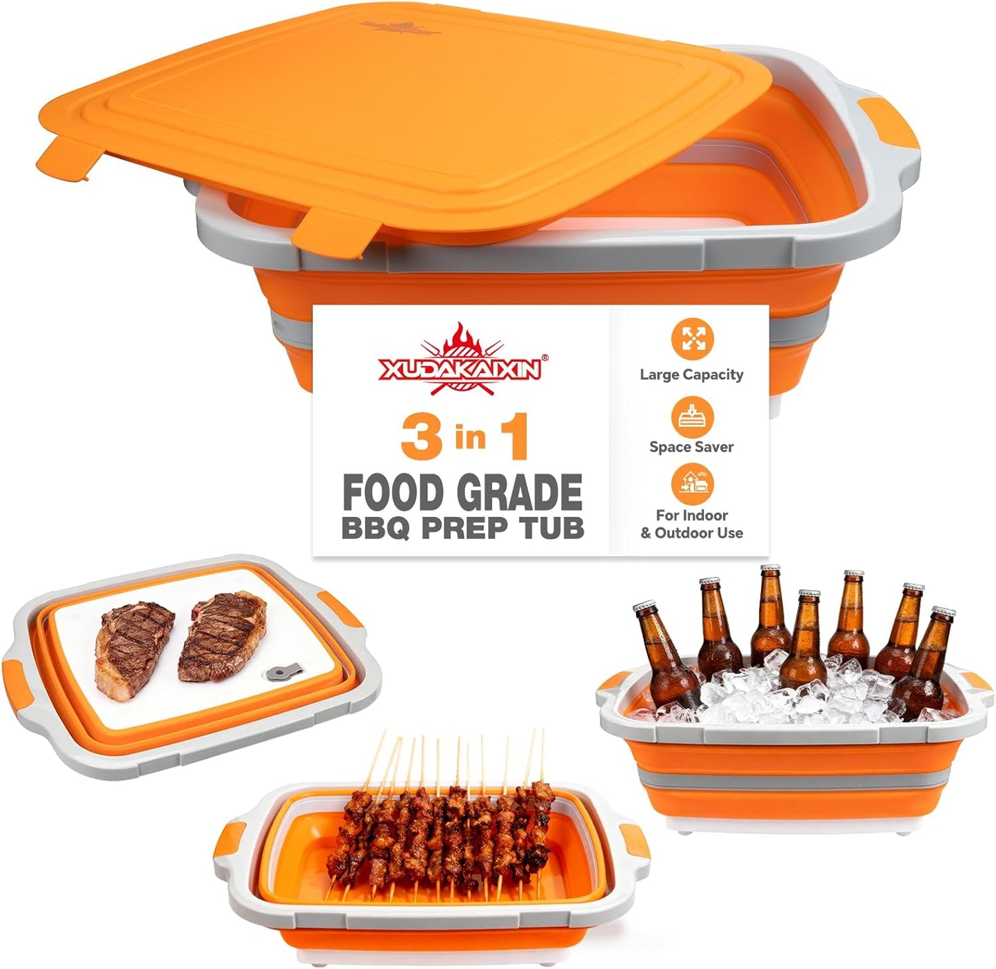 XUDAKAIXIN Collapsible BBQ Prep Tub for Meal Prep, Marinating,Food Storage, picnics, camping, barbecues,cutting fruits and vegetables - Includes Cutting Board and Locking Lid,(X-Large) Black