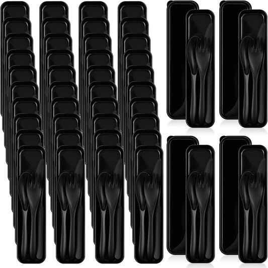 Jinei 50 Sets Reusable Travel Utensils Set with Case Wheat Straw Cutlery Portable Spoon Knife Forks Lunch Box Accessories Friendly Tableware for Kids Adults Camping Utensils(Bright)