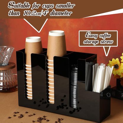 Cunhill 4 Compartments Acrylic Coffee Cup and Lid Storage Organizer Holder Disposable Paper Cup Dispenser Organizer Plastic Lid Holder Accessories for Kitchen Bar Shop Party Supplies(Transparent)