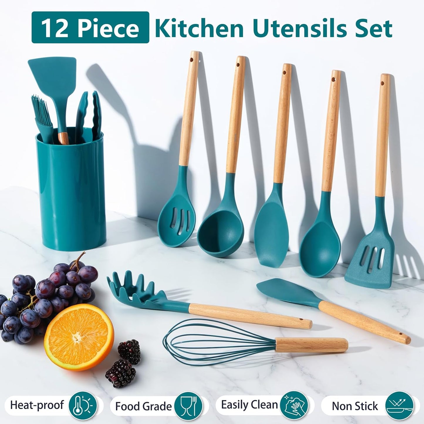 P&P CHEF Silicone Cooking Utensils Set, 12PCS Kitchen Utensils Set with Wooden Handle for Nonstick Cookware, Ladle, Spoon, Spatula, Tong, Heat-resistant & Non-scratch, Non Smell & Healthy, Khaki