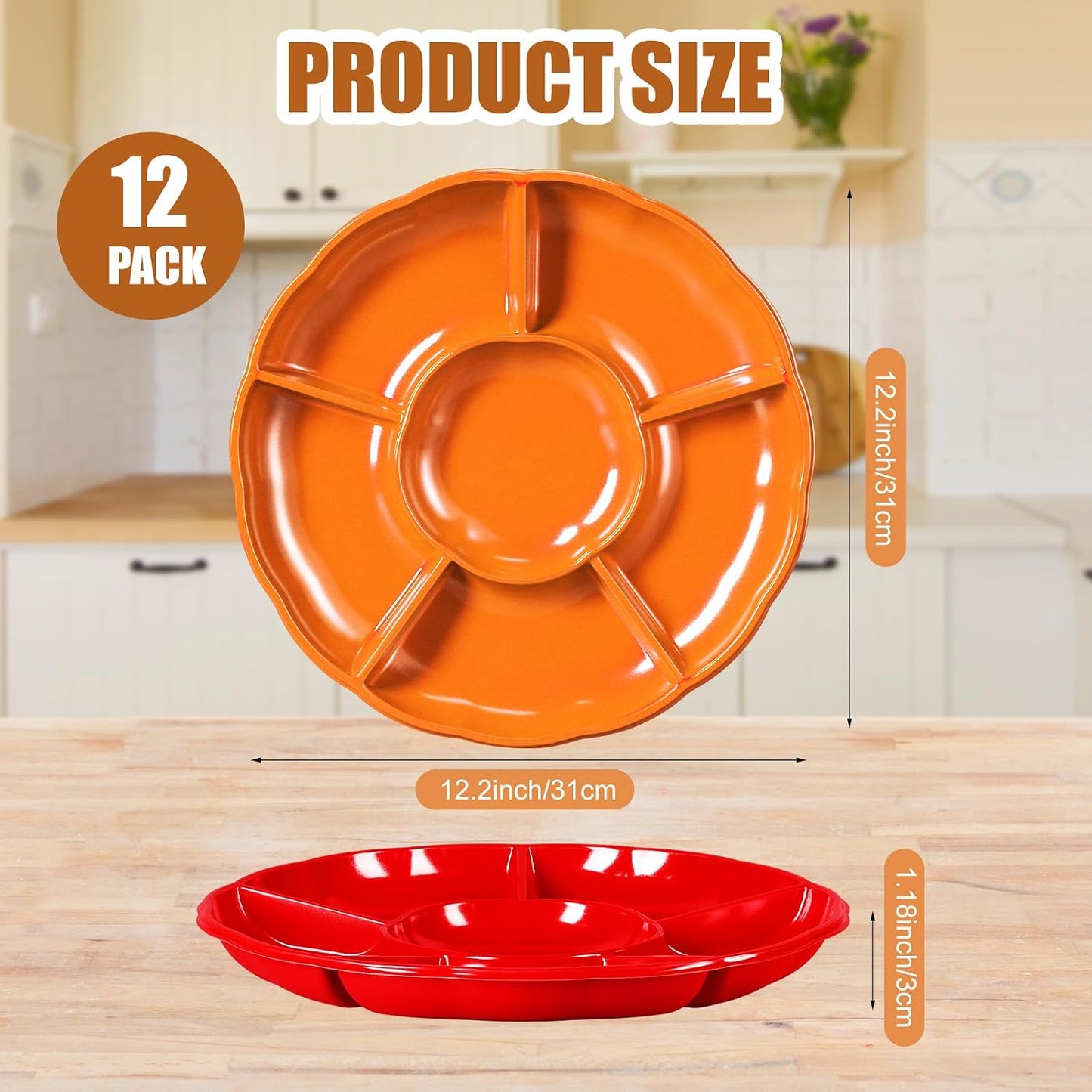 Rtteri 12 Pcs Plastic Divided Serving Trays 12 Inch Round Chip Dip Plate 6 Sectional Snacks Serving Dish Food Platters for Party Candy Nuts Fruits Veggies(Colorful)