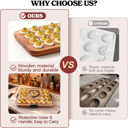 Renmxj Deviled Egg Containers with Lid, 28 Holes Reversible Acacia Wooden Deviled Egg Platter, Lid Dishwasher Safe Egg Tray, Ideal Gift for Women Kitchen & Party (Black)