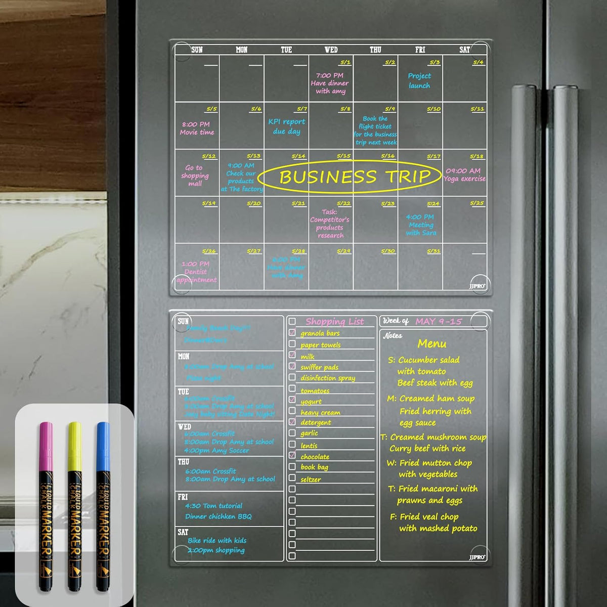 JJPRO Non-Magnetic Clear Weekly Planner & to Do List for Fridge, 8.5"x13" Dry Erase to Do List WhiteBoard,Reuasble Weekly Calendar for Refrigerator,Cabinet,Wall&Glass, All Smooth Surfaces
