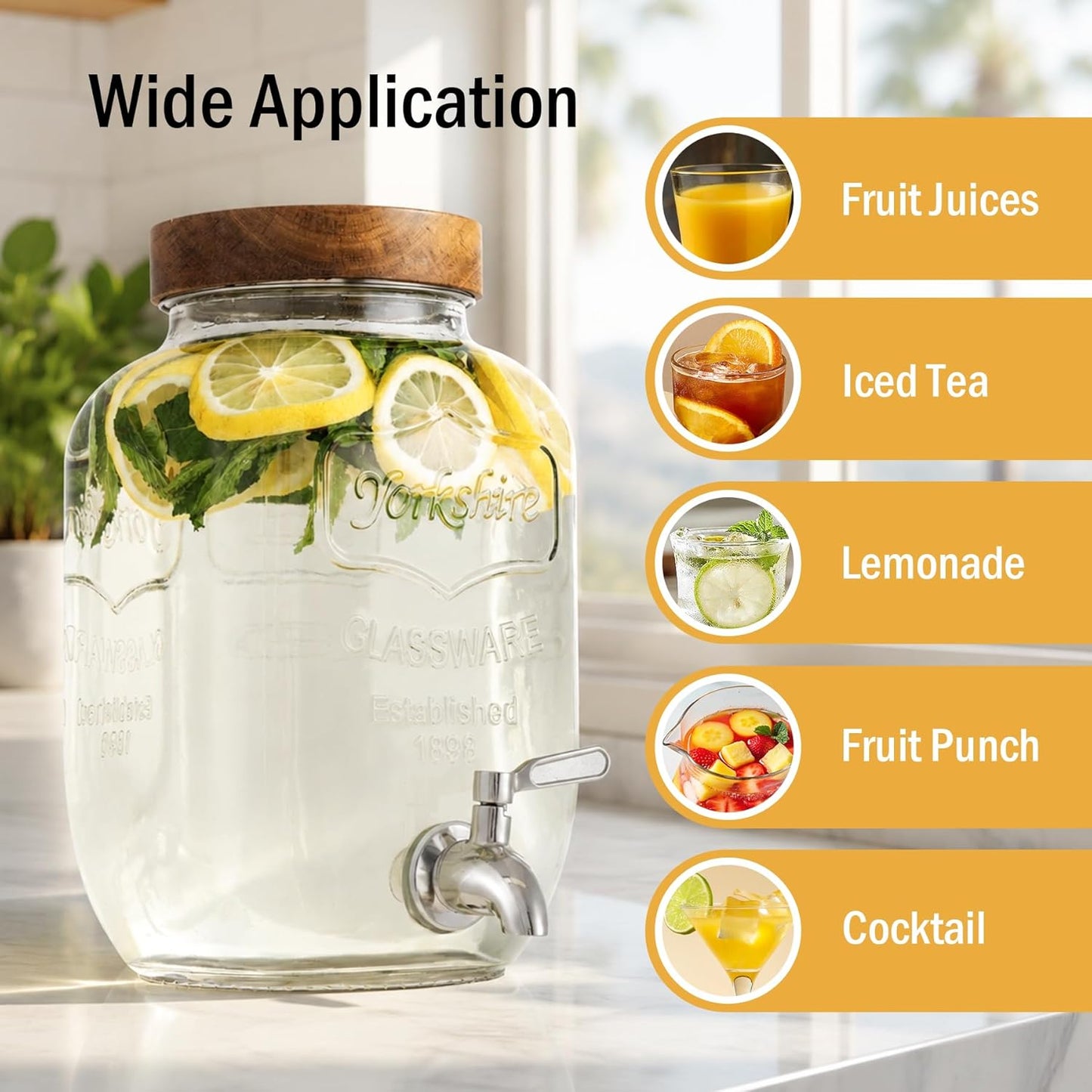 mustry Glass Drink Dispenser for Parties, 1 Gallon Beverage Dispenser with Stand and Spigot Solid Stainless Steel, Used as Lemonade Dispenser Sun Tea Jar Kombucha Jar, Set of 2