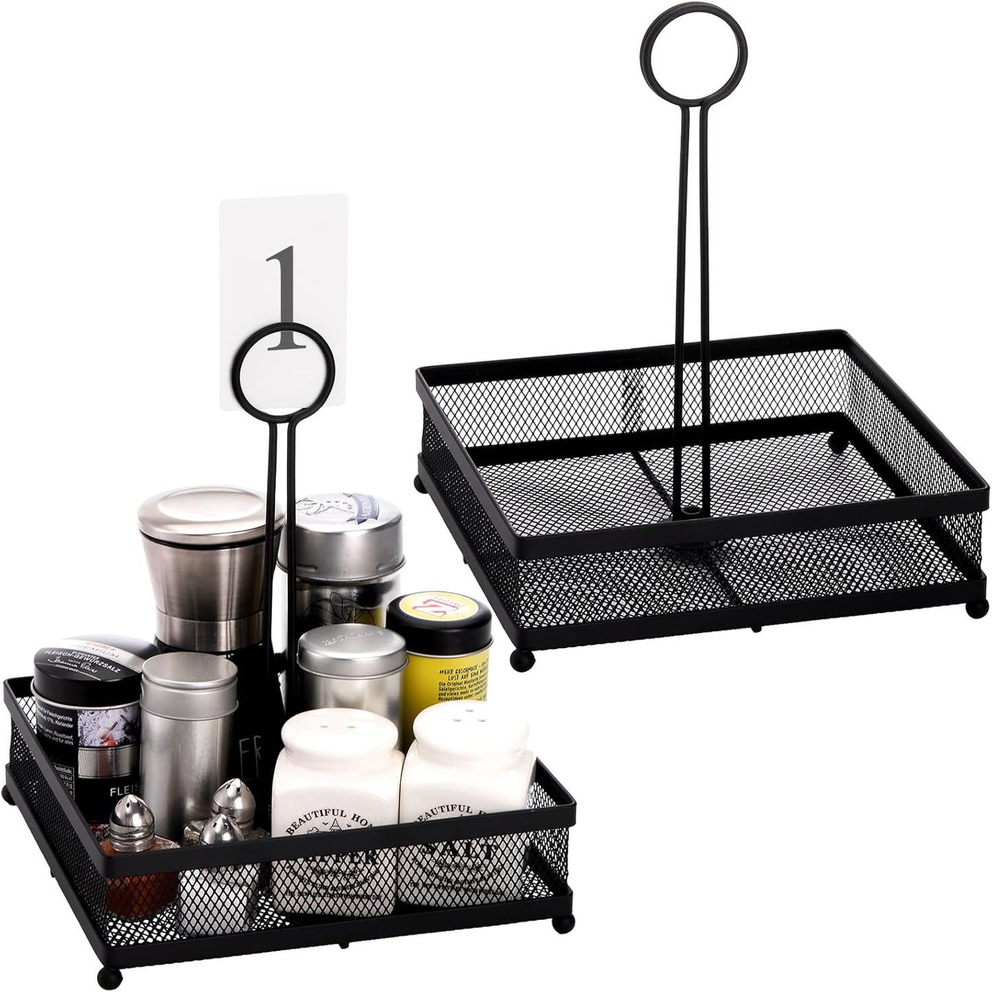 Lyellfe Set of 2 Metal Condiment Caddy, Square Table Caddy Collection with Number Card Holder, Black Tabletop Seasoning Spice Organizer for Grill Outdoors, Restaurant, Kitchen Cabinet