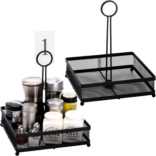 Lyellfe Set of 2 Metal Condiment Caddy, Square Table Caddy Collection with Number Card Holder, Black Tabletop Seasoning Spice Organizer for Grill Outdoors, Restaurant, Kitchen Cabinet