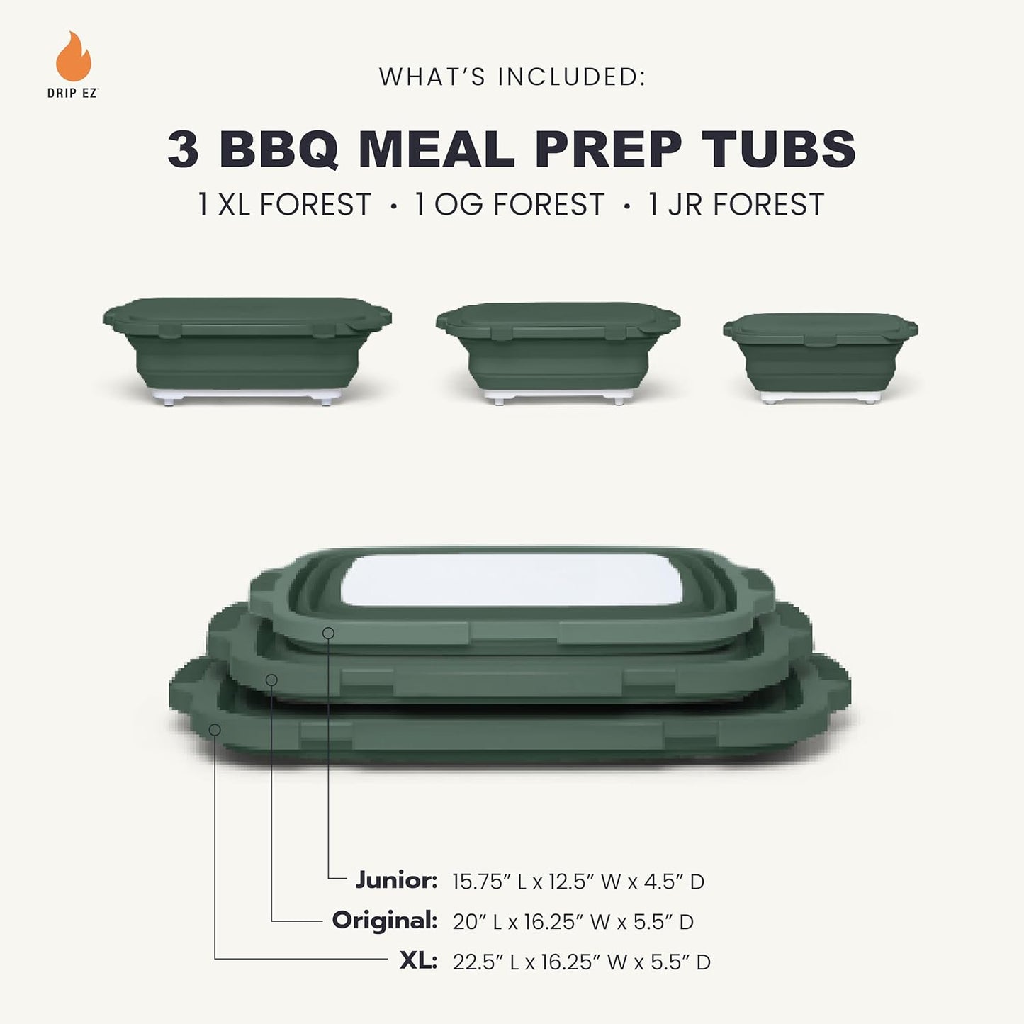 Drip EZ Collapsible BBQ Prep Tubs 3-Piece Set- For Meal Prep Marinating Food Storage - Includes Cutting Board & Lid - (1) JR + (1) OG + (1) XL - Black