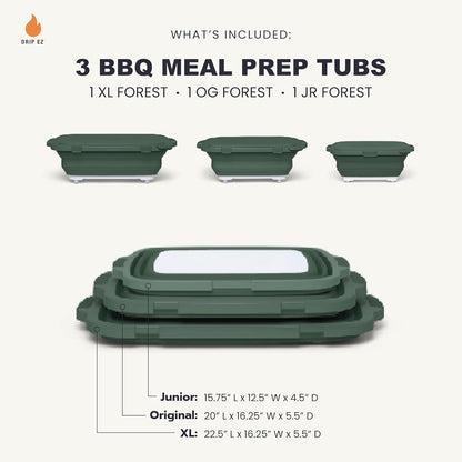 Drip EZ Collapsible BBQ Prep Tubs 3-Piece Set- For Meal Prep Marinating Food Storage - Includes Cutting Board & Lid - (1) JR + (1) OG + (1) XL - Black