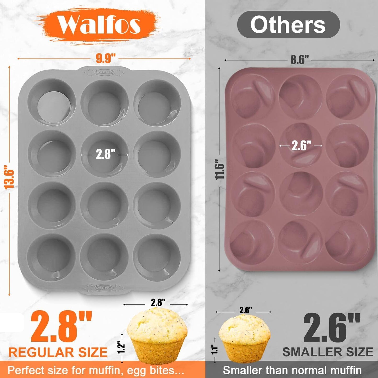 Walfos Silicone Muffin Pan - 12 Cups Regular Silicone Cupcake Pan, Non-stick Great for Making Muffin Cakes, Tart, Bread - BPA Free and Dishwasher Safe