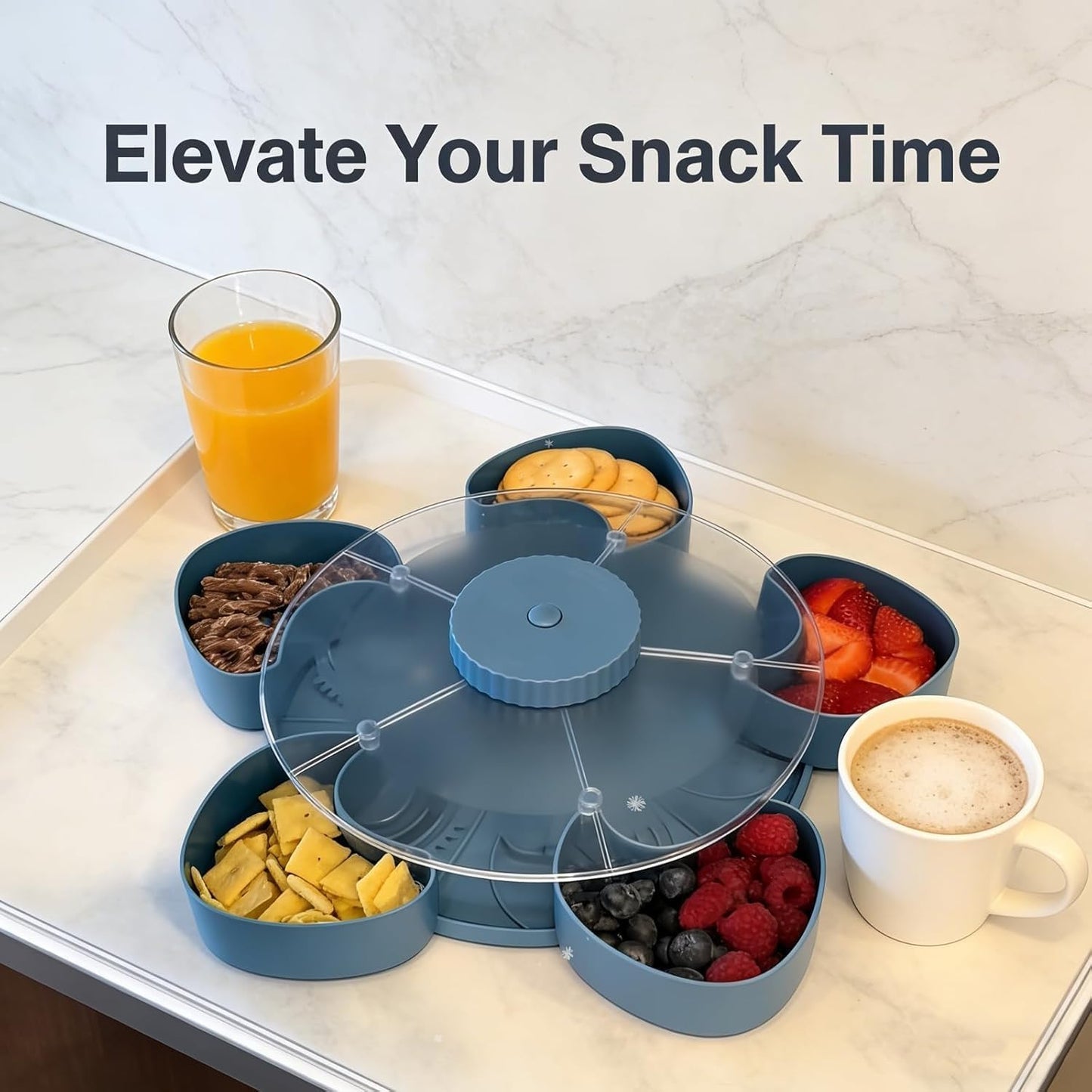 Divided Serving Tray That Spins - Perfect for Snacks, Dips & Party Appetizers, Rotating Snack Box Container with Lid, Lazy Susan Organizer Veggie Fruit Tray for Kitchen,Travel and Picnic (Blue)