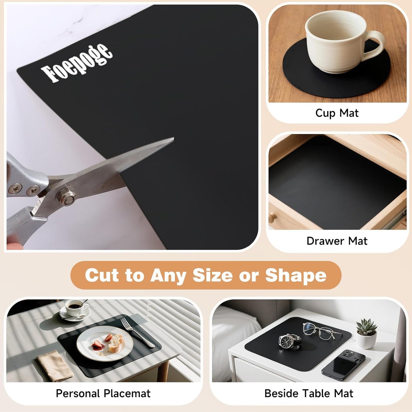 49.2" x 15.7" Large Silicone Mat for Kitchen Counter Protector, Cuttable Silicon Countertop Protector Mat Heat Resistant Mats for Countertop, Cut to Fit Placemat Ship Roll by Foepoge, Black