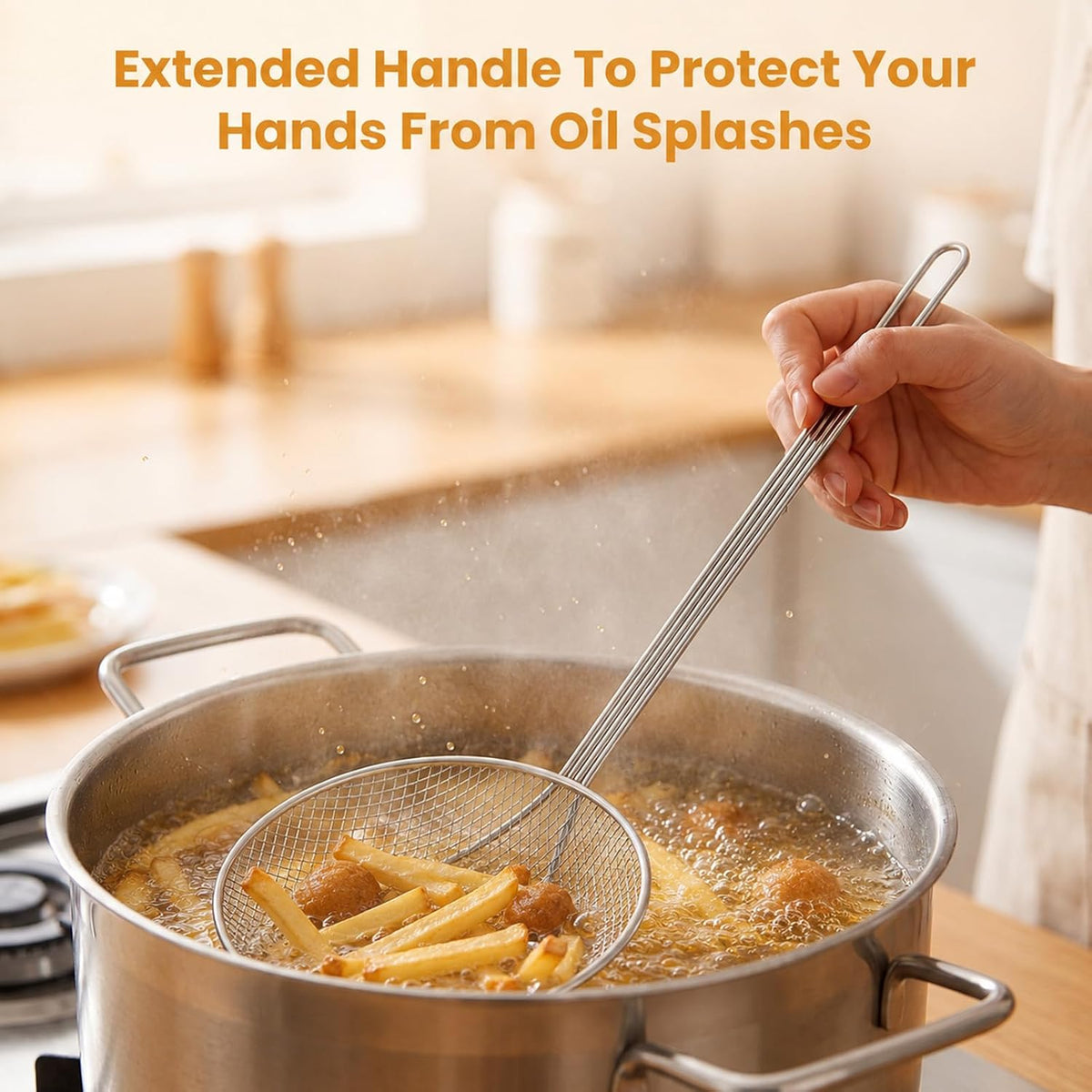 2 Pcs 17.7 Inch Stainless Steel Skimmer Round Plated Wire Strainer Fryer Spoon Mesh Stirring with Long Handle, Food Strainer Skimmer Spoon for Kitchen Fried Food Cooking Straining Frying